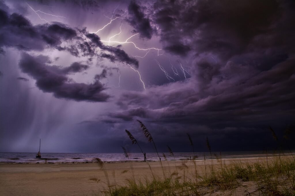 thunderstorm, lightning, storm, weather, thunder, sky, nature, clouds, flash, dark, landscape, beach, thunderstorm, thunderst
