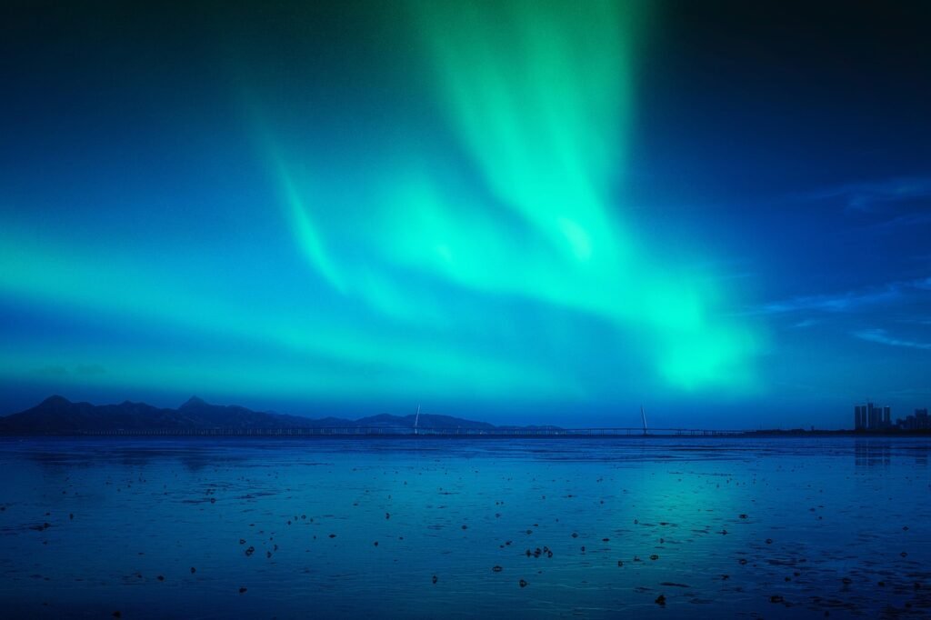 sea, night, sky, northern lights, sea bridge, skyline, nature, night sky, shenzhen bay, dreamy, photoshop, post-production, s