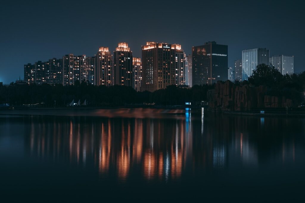 buildings, city, lake, city lights, skyline, cityscape, urban, urban landscape, nature, metro, water reflection, night photog