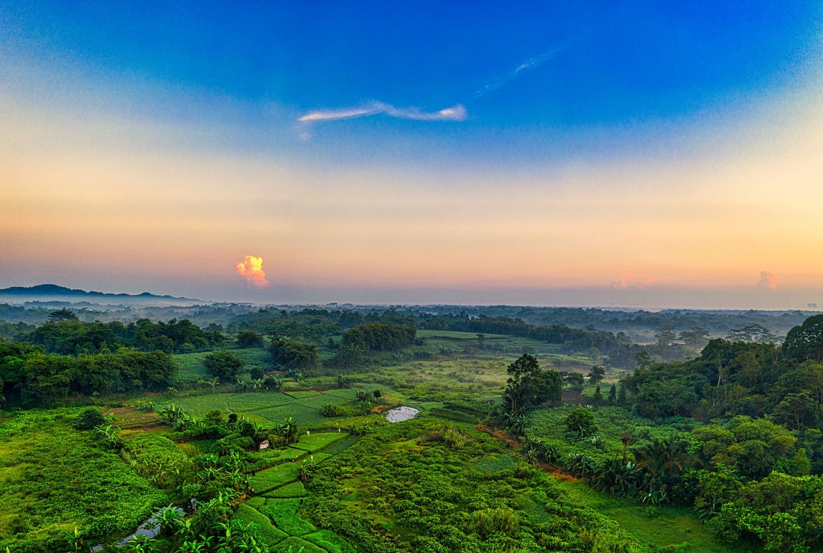 Beautiful rural landscape with lush greenery and sunrise in Rumpin, West Java, Indonesia.