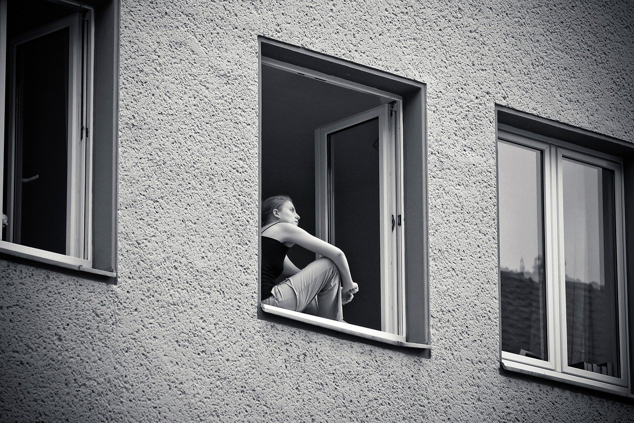 window, woman, building, house, human, young, to sit, thoughtful, street photography, street, street scene, everyday, dreamy,