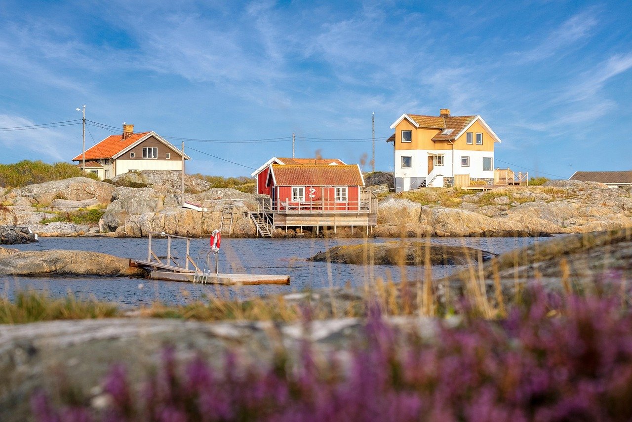 coast, beach, house, beach house, holiday home, woodhouse, sweden house, water, sea, lake, heaven, clouds, rock, stony, natur