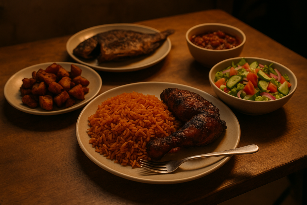 Ghanaian dishes arranged for an evening meal in Gbawe