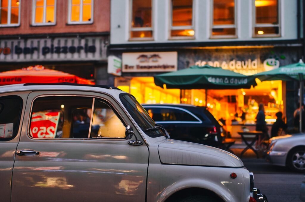 street, car wallpapers, road, vehicle, car, auto, automotive, classic, old car, vintage car, buildings, evening, urban, city