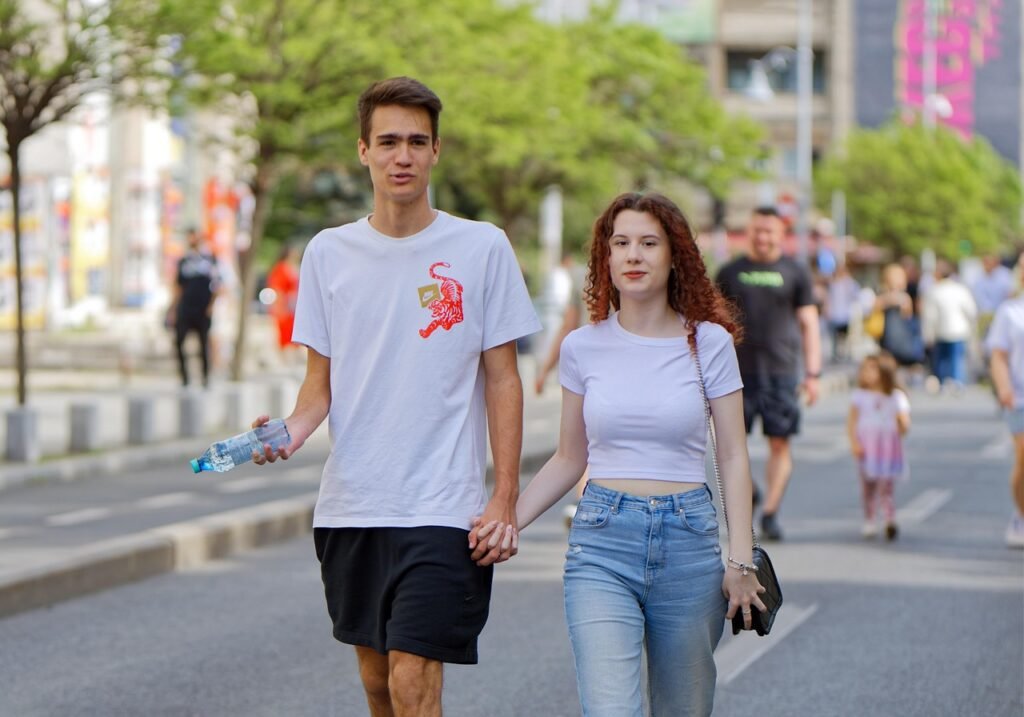 couple, young, people, promenade, casual, walking, street, urban, lifestyle
