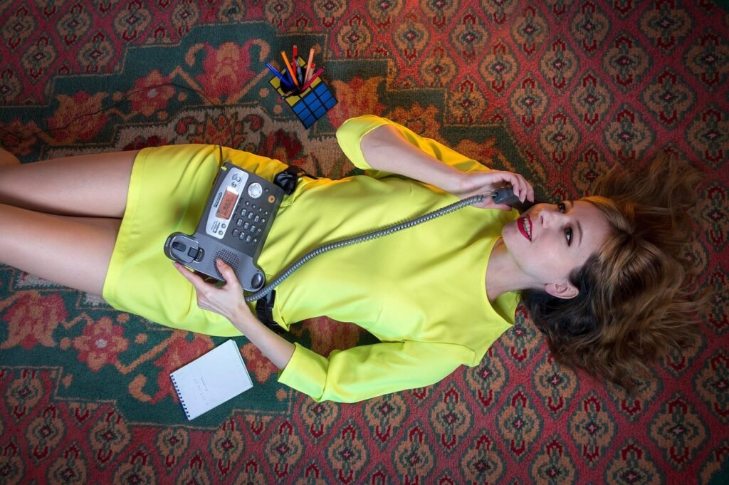 phone, connection, speaking, vintage, retro, lying, young woman, carpet, on the floor, lie, 80s, 90s, handset phone, chat on