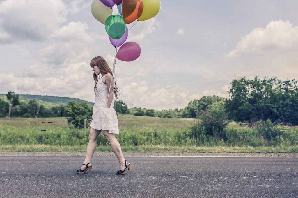 balloons, girl, walking, street, celebration, happy birthday, bunch, colors, woman, high heels, dress, legs, redhead, hair, c