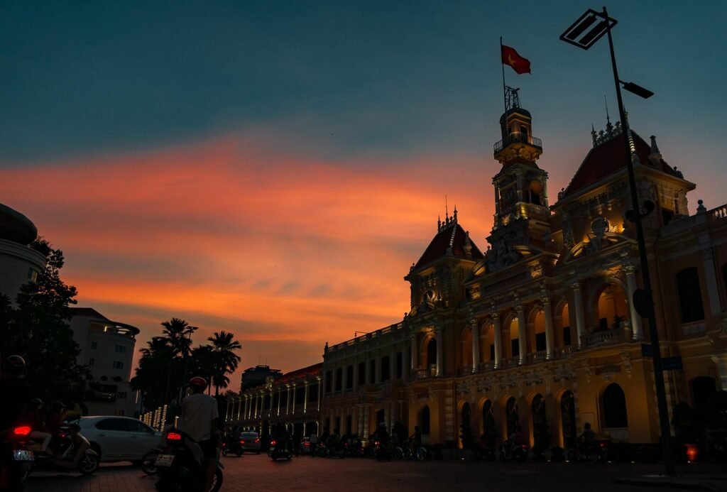 sunset, town hall, city, vietnam, street, view, nature, saigon