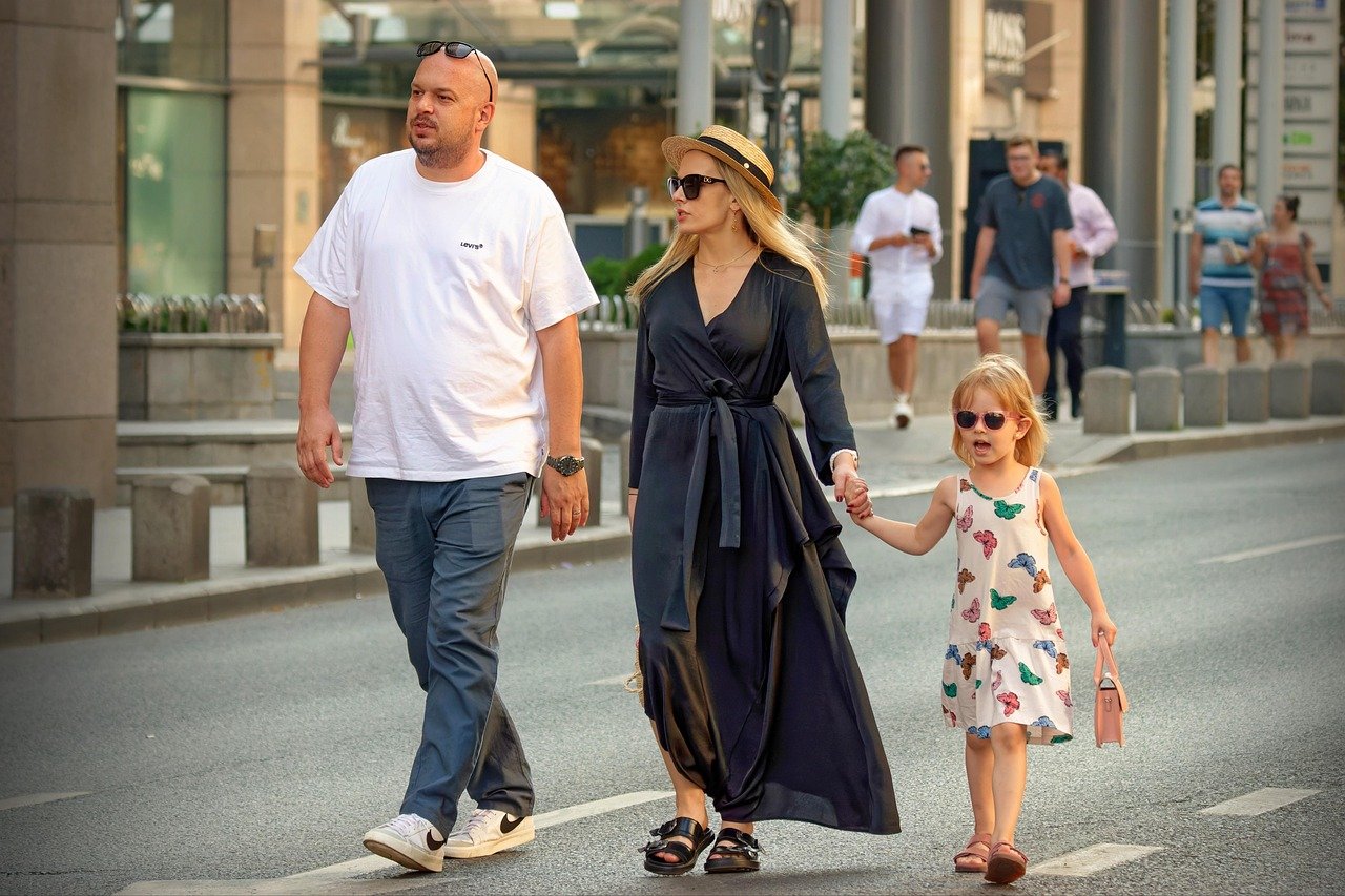 family, walking, promenade, street, lifestyle, relaxation, urban, stroll, city, caucasian