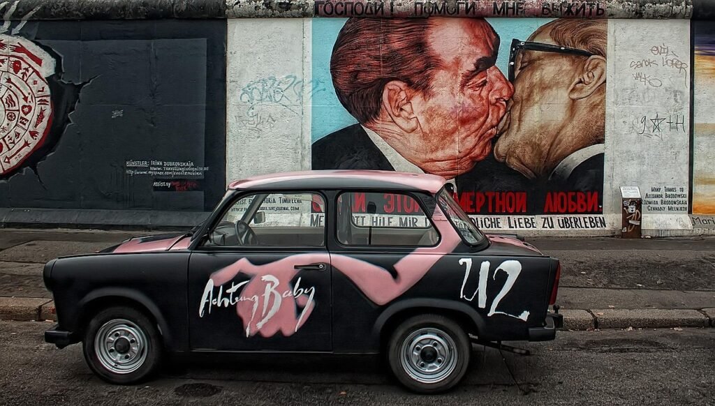 berlin wall, car, graffiti, wall art, painted, vehicle, old car, vintage, monument, open-air gallery, road, car wallpapers, s