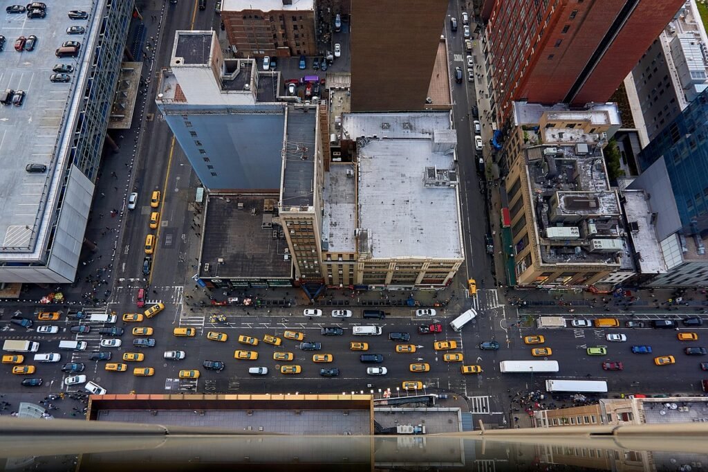 new york, streets, traffic, aerial view, bird's eye view, buildings, urban, urban landscape, yellow cabs, taxis, cabs, nyc, c