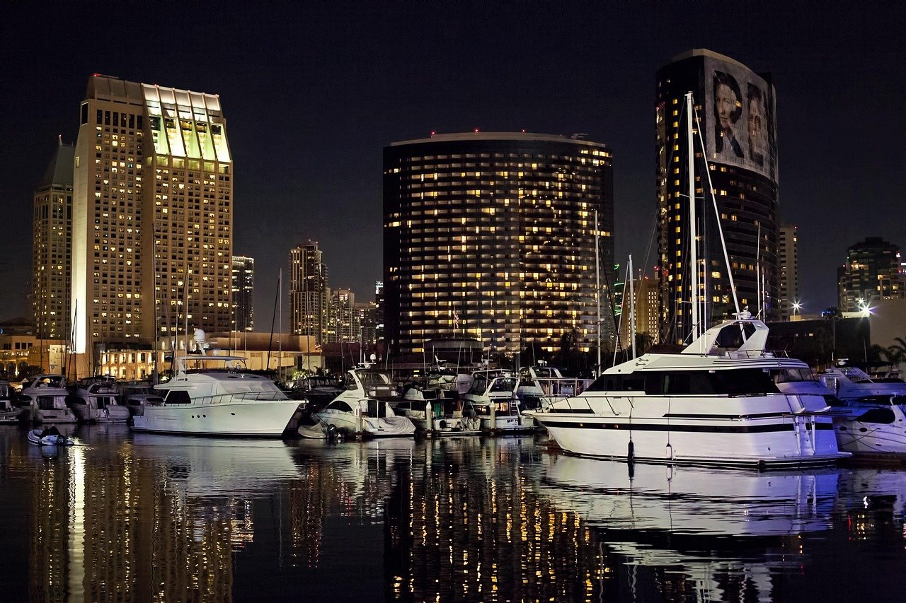 skyline, ships, yachts, night, evening, glow, harbor, marina, city, lights, buildings, california, skyscrapers, reflections,