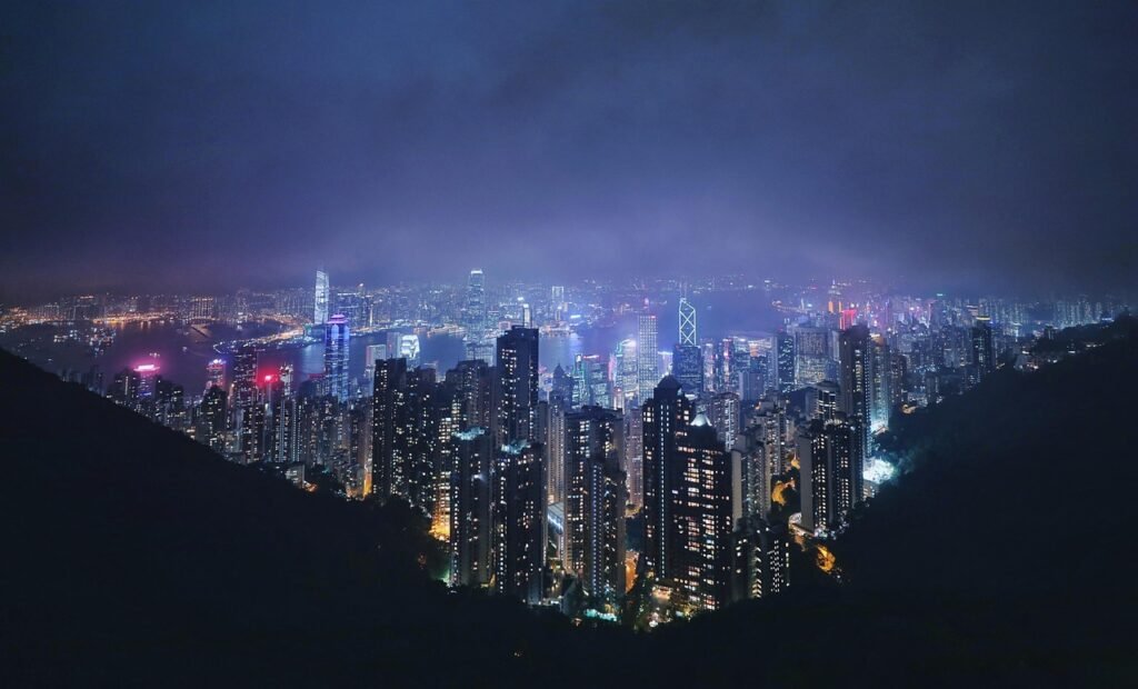 buildings, city, night, city lights, skyscrapers, towers, skyline, evening, haze, view, night view, exposure, sightseeing, do