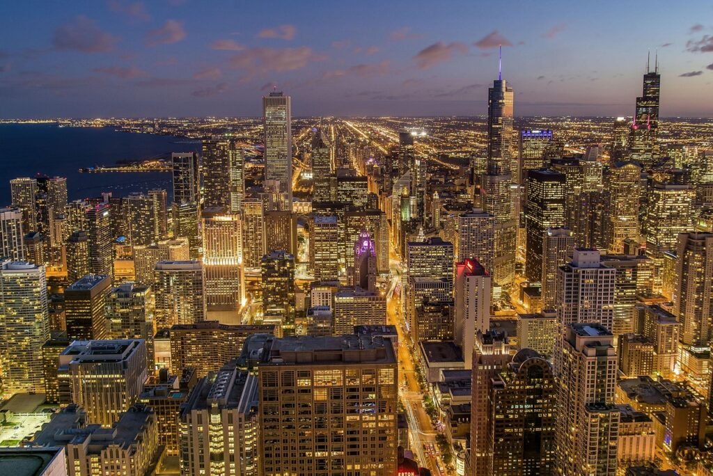 buildings, illuminated, skyline, cityscape, skyscrapers, city lights, architecture, urban landscape, metro, metropolitan, chi