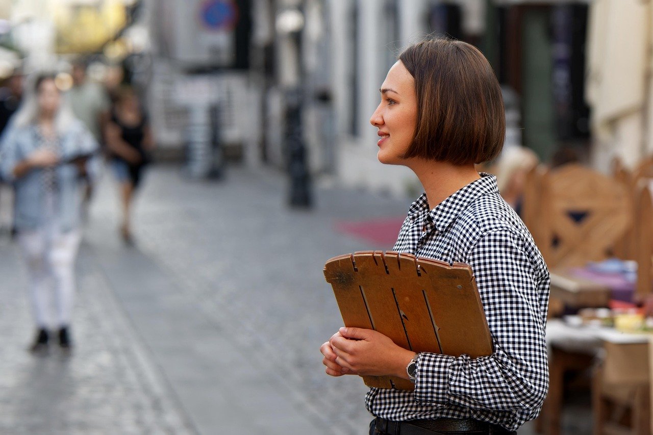 woman, street, cafe, restaurant, outdoors, city