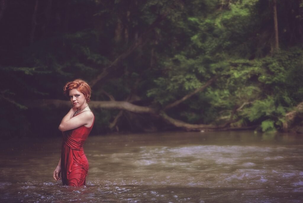 girl, wet, bathing, dress, red dress, fashion, style, outfit, redhead, redhead woman, female, female model, modeling, pose, p