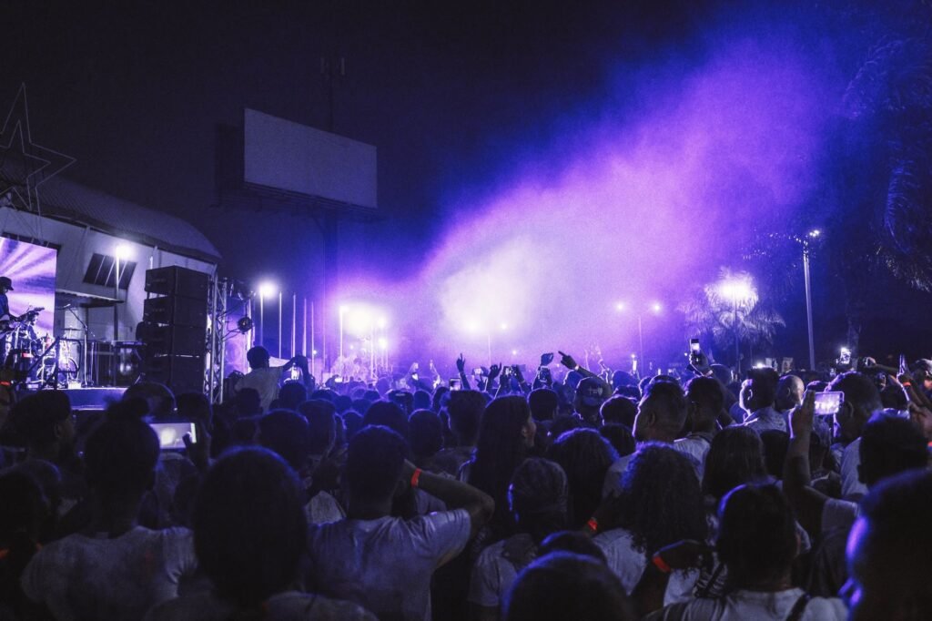 Vibrant nighttime concert scene with colorful stage lights and a lively audience enjoying the music.