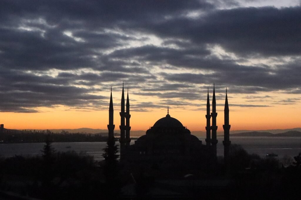 view, istanbul, tourism, dusk, nature, sunset, travel, city, minarets, dome, sultan ahmet mosque, sky