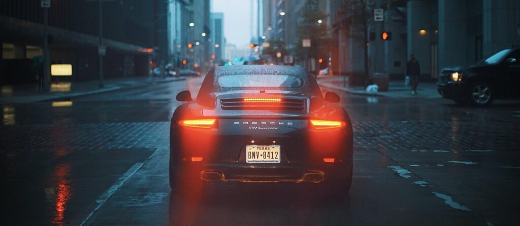 porsche, car wallpapers, car, brake lights, tail lights, stop, stopped, rain, rainfall, raining, street, city street, luxury