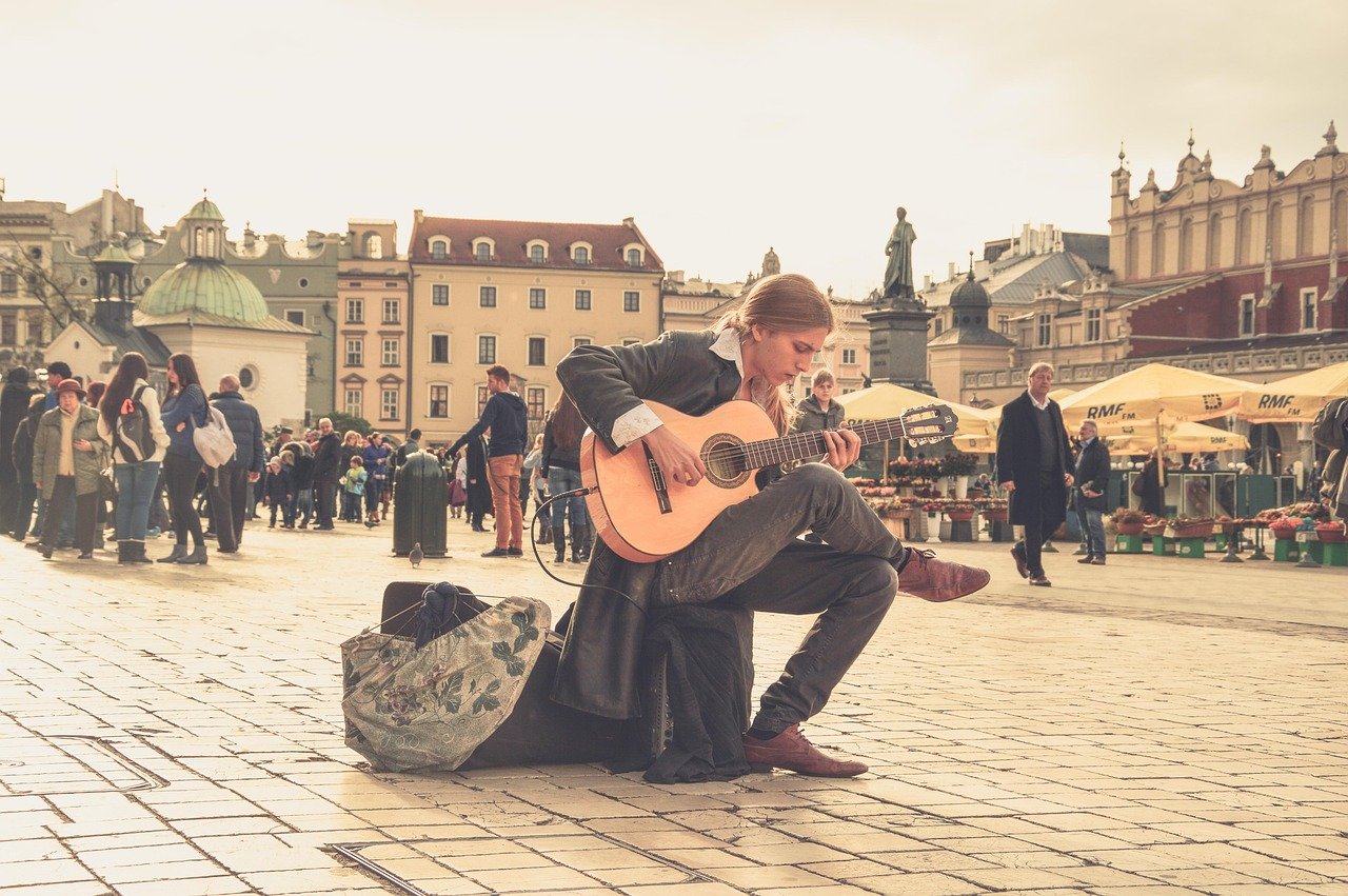 musician, guitarist, streets, people, music, string instrument, street artist, street performer, guitar, poland, square, old