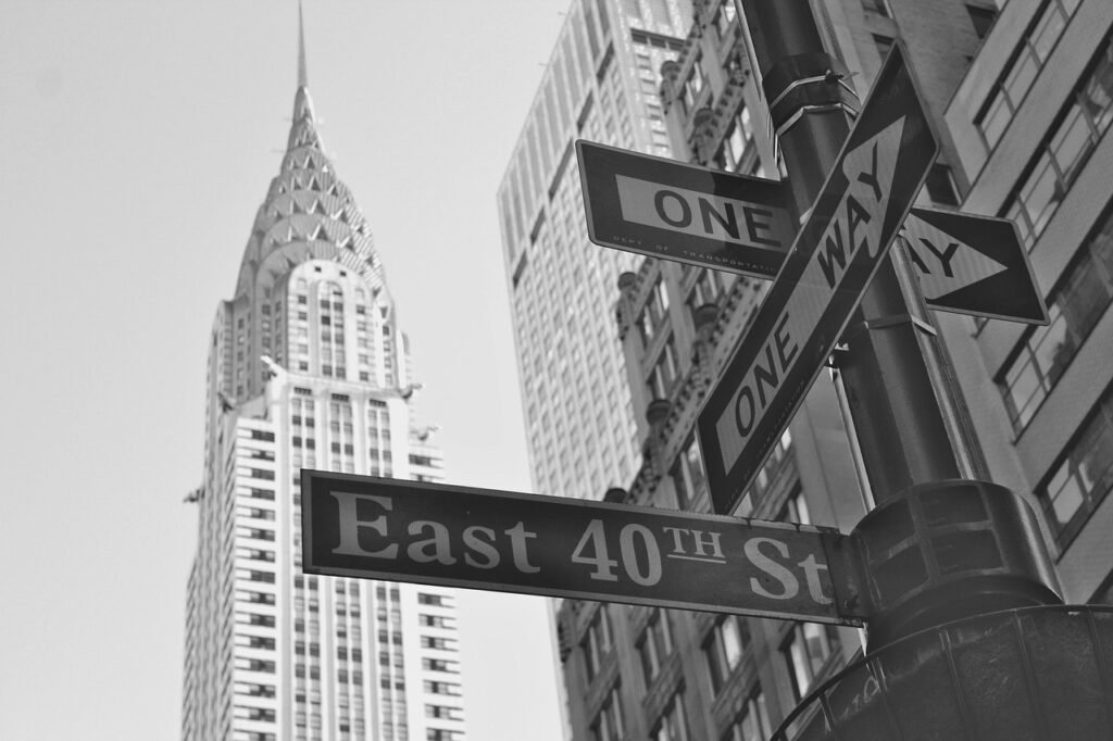 new york, nyc, usa, manhattan, city, building, crysler building, street sign, signpost, skyscraper, architecture, new york, n