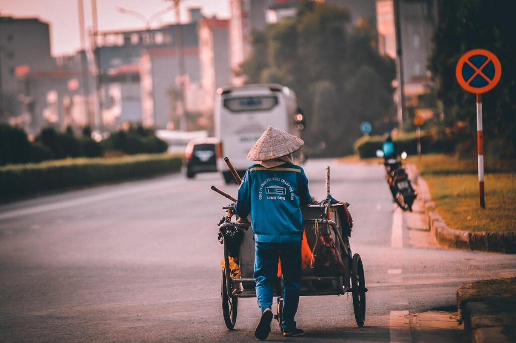 worker, street, worker scene, nature, asia, road, sunset