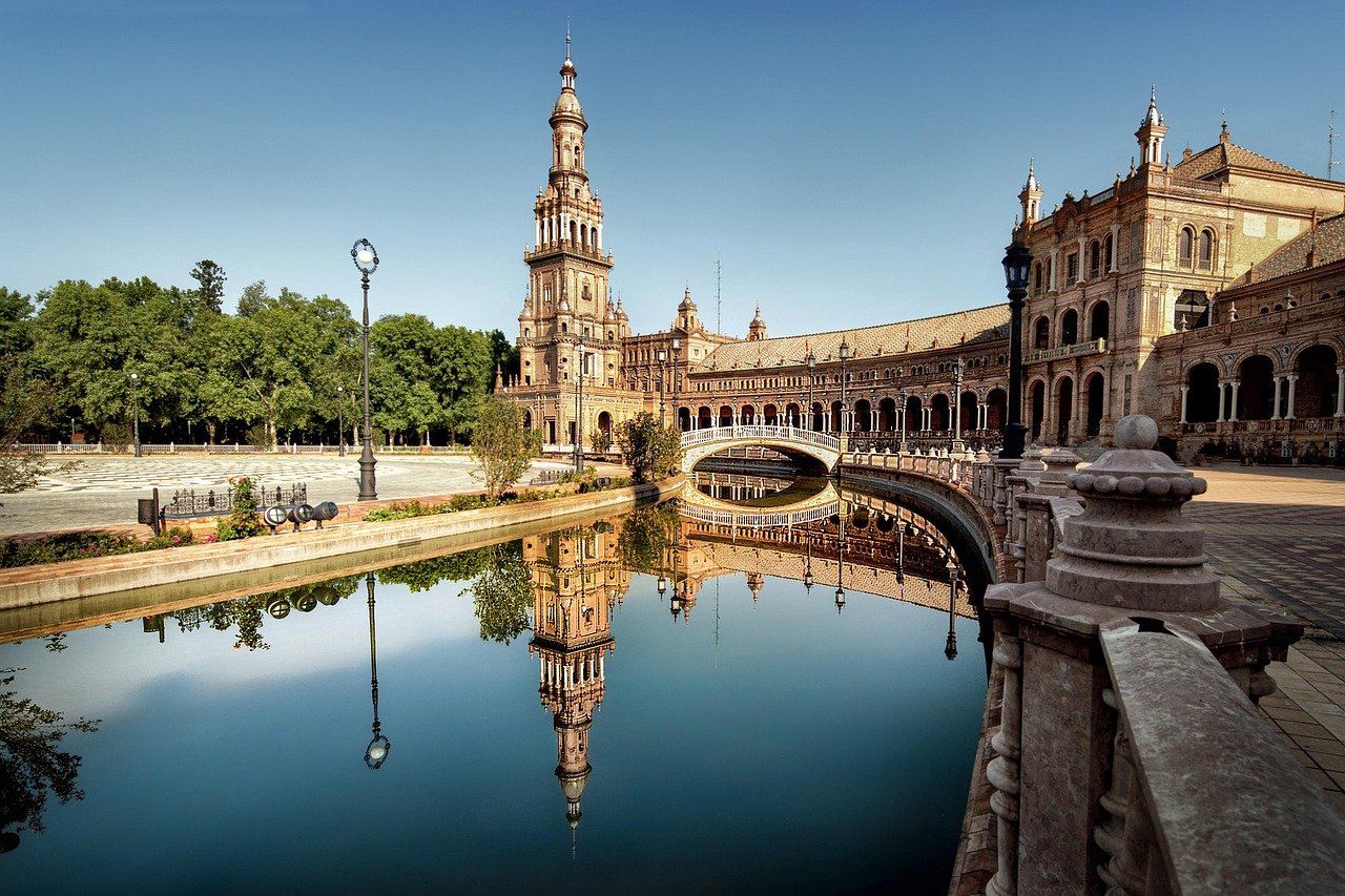 city, cityscape, architecture, building, travel, nikon, seville, spain, reflection, pond, palace, tower, seville, spain, spai