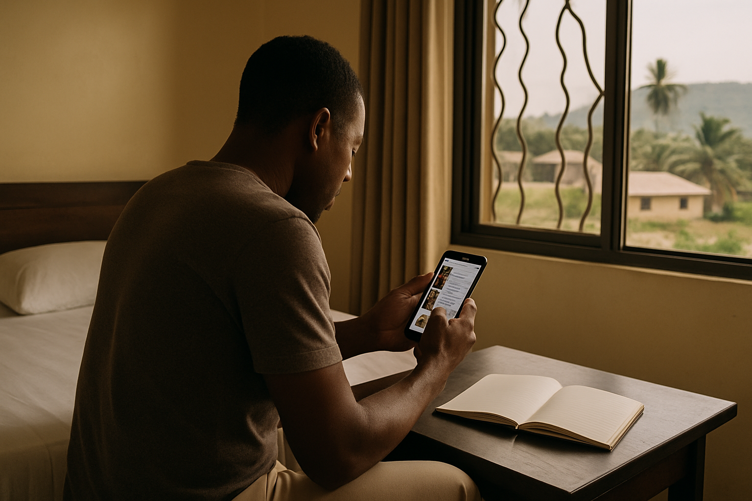 Adult traveller privately reviewing an escort directory on a smartphone