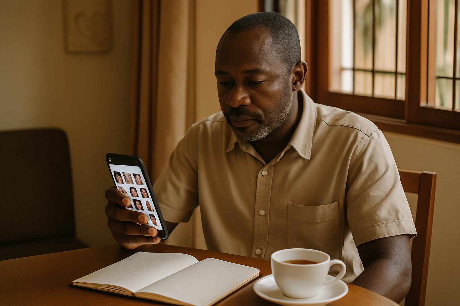 Adult traveller discreetly reviewing an escort directory on a smartphone