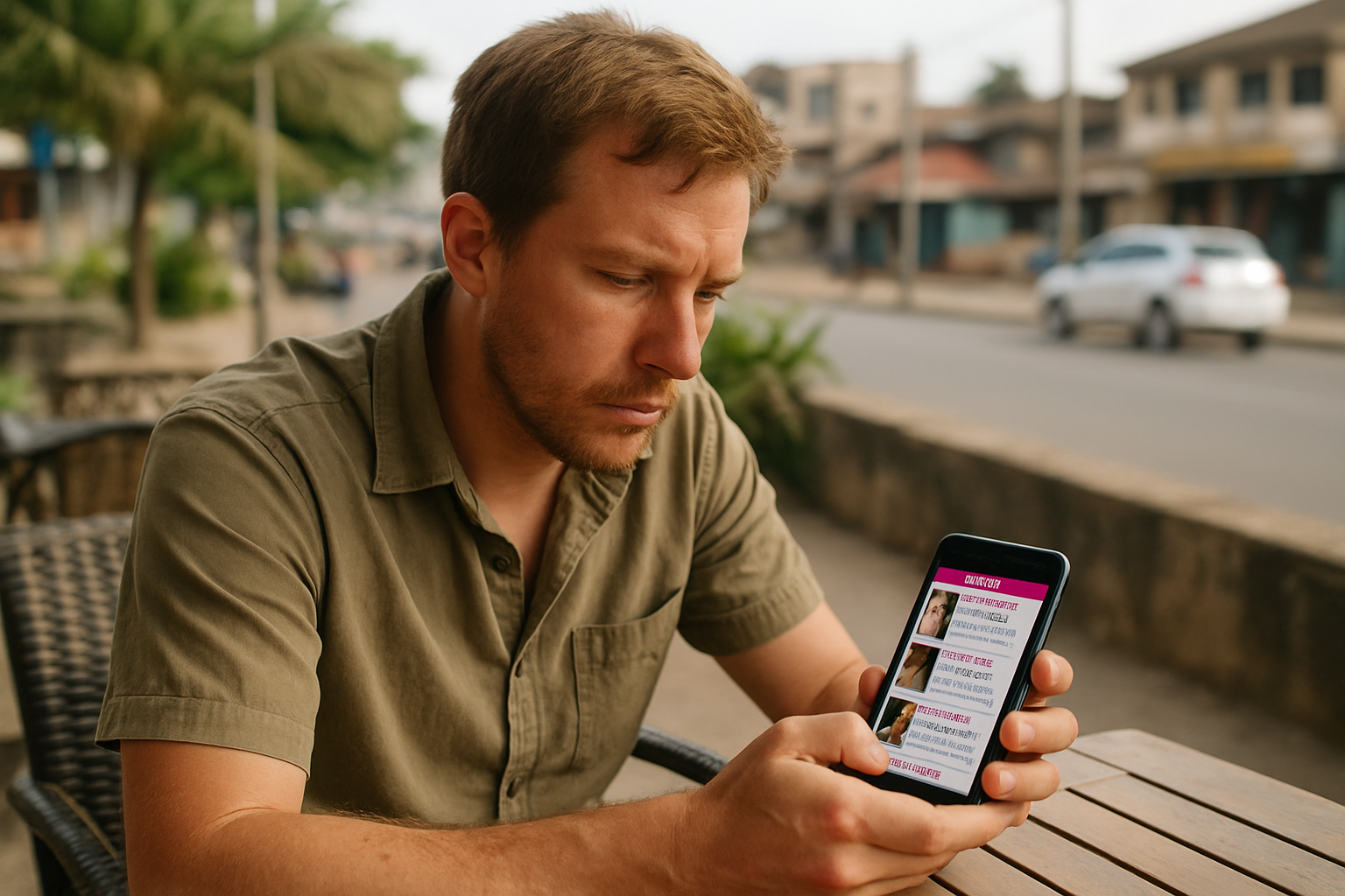 Visitor reviewing a companionship directory on a phone in Takoradi