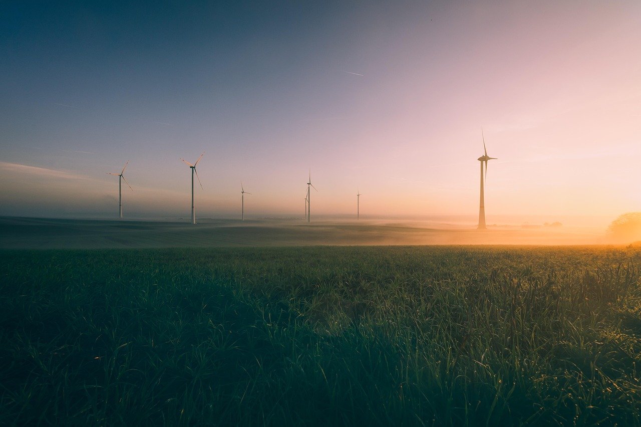 sunrise, windmills, pinwheels, dusk, sunset, nature, haze, landscape, wind energy, energy transition, environment, wind energ