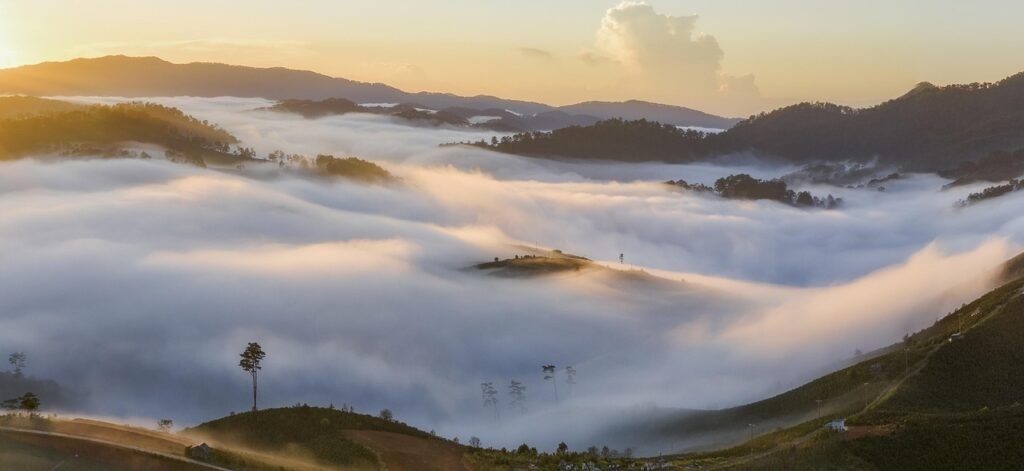 dawn, clouds, mountain, tree, sunny, sunset, valley, landscape, nature, view