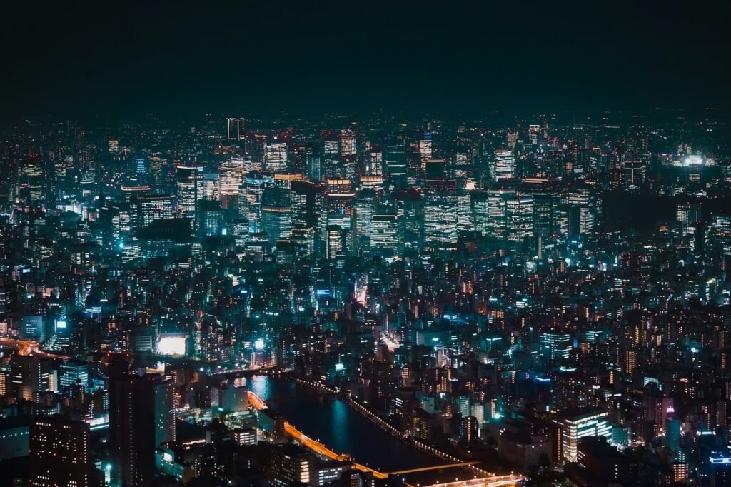 bridge, city, dark, japan, japanese, lights, metropole, neon, night, river, skyscraper, street, tokyo, travel, urban