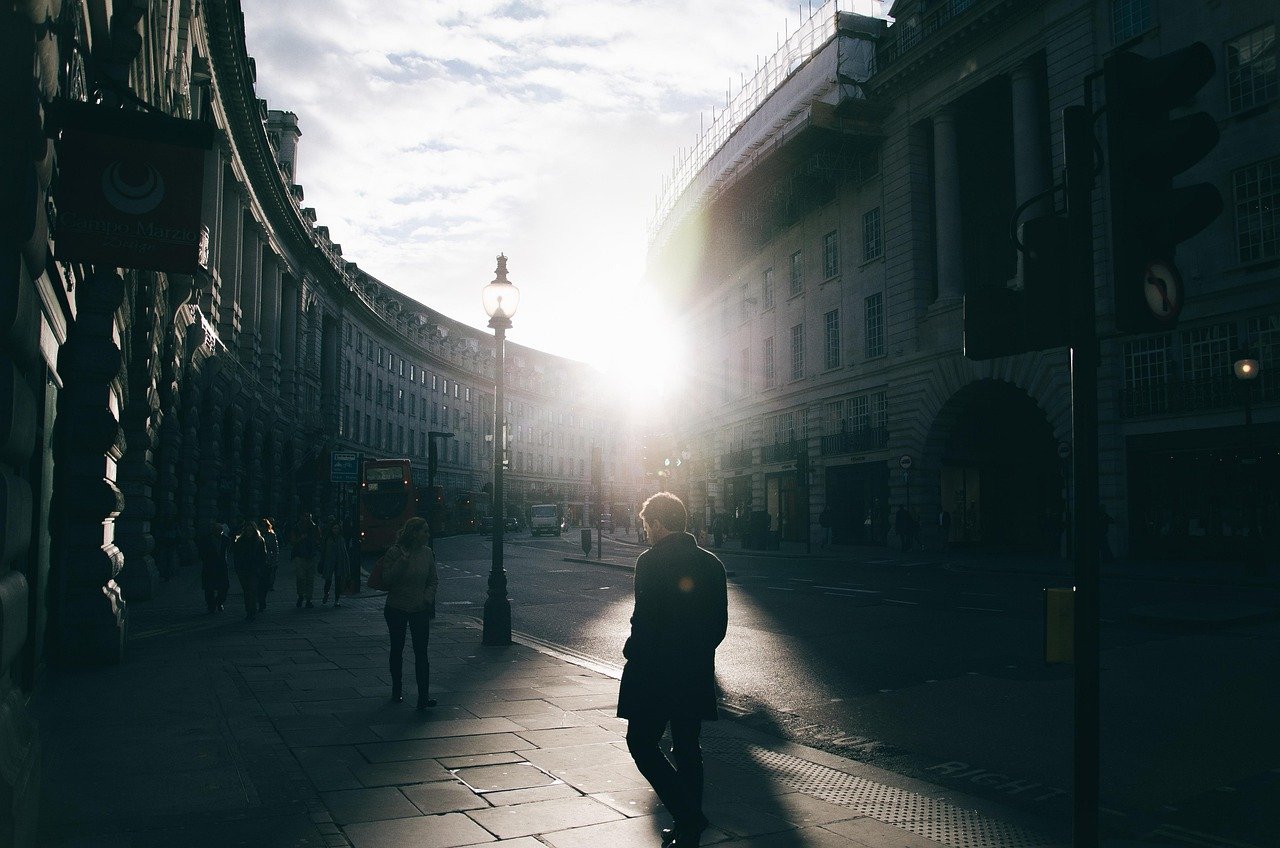 london, street, road, uk, city, urban, british, person, strolling, nature, pedestrians, people, sidewalk, buildings, sunset,