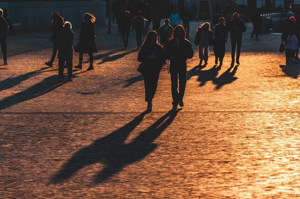 people, sun, shade, silhouette, nature, evening, light, eve, road, city, urban