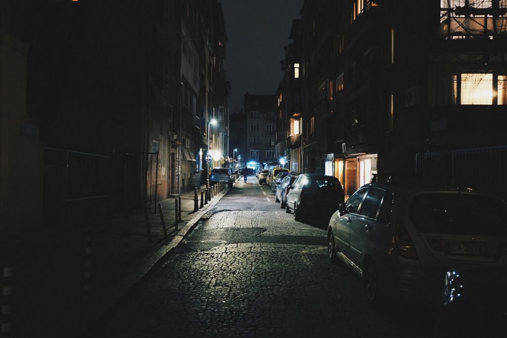 street, alley, lane, night, dark, urban, town, city, road, asphalt, cars, parked, lanterns, lights, illumination, exterior, s