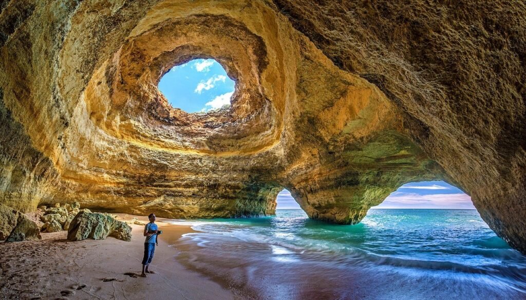 portugal, algarve, benagil, selfie, grutas de benagil, cave, sea, rock, ocean, beach, water, rock gate, summer, riverbank, cl