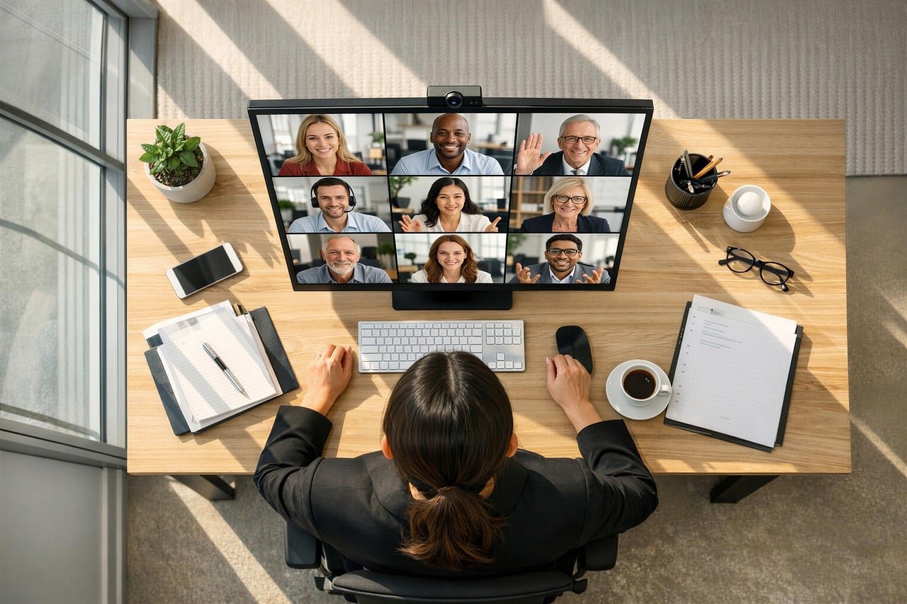 video conference, home office, desk, computer monitor, video call, employee, office work, laptop, coffee cup, potted plant, t