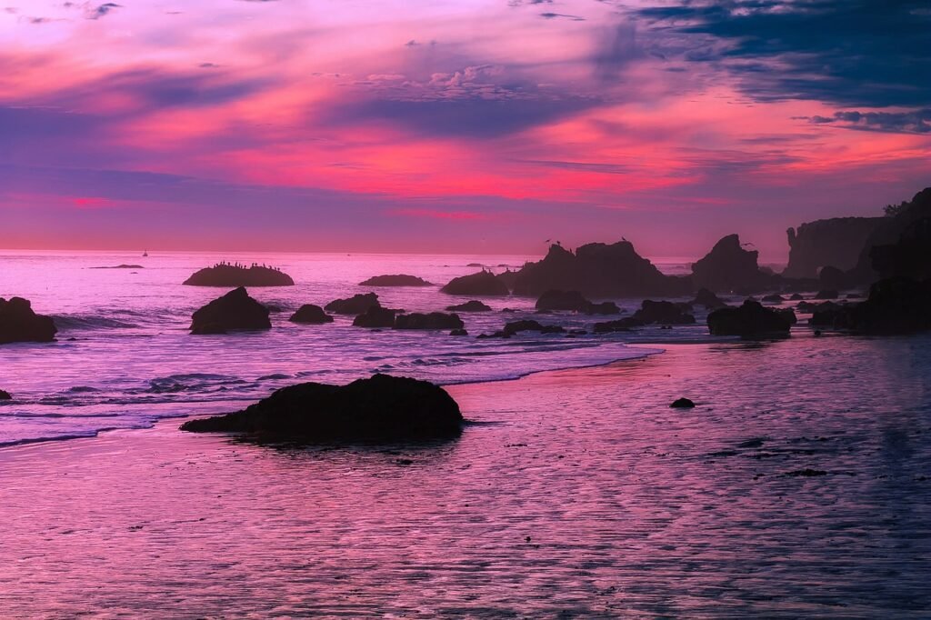 beach, sunset, rocks, rocky coast, shore, seashore, coastline, dusk, twilight, afterglow, sky, seascape, ocean, waves, ocean