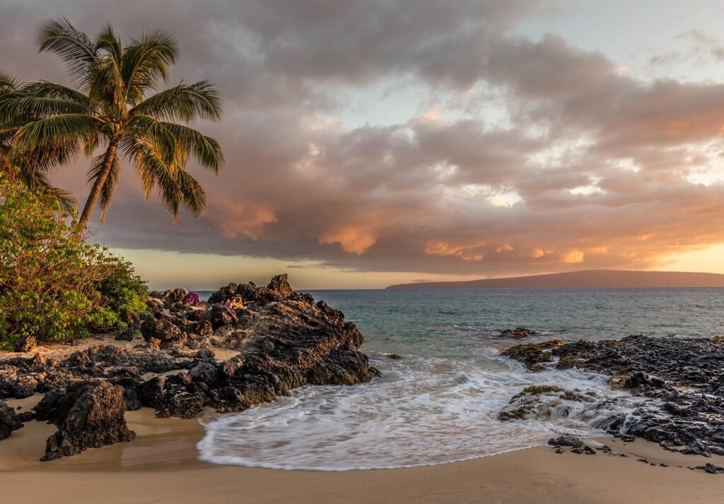 beach, clouds, landscape, rocks, sand, shore, seashore, coast, coastline, horizon, sunset, dusk, twilight, sundown, tropical