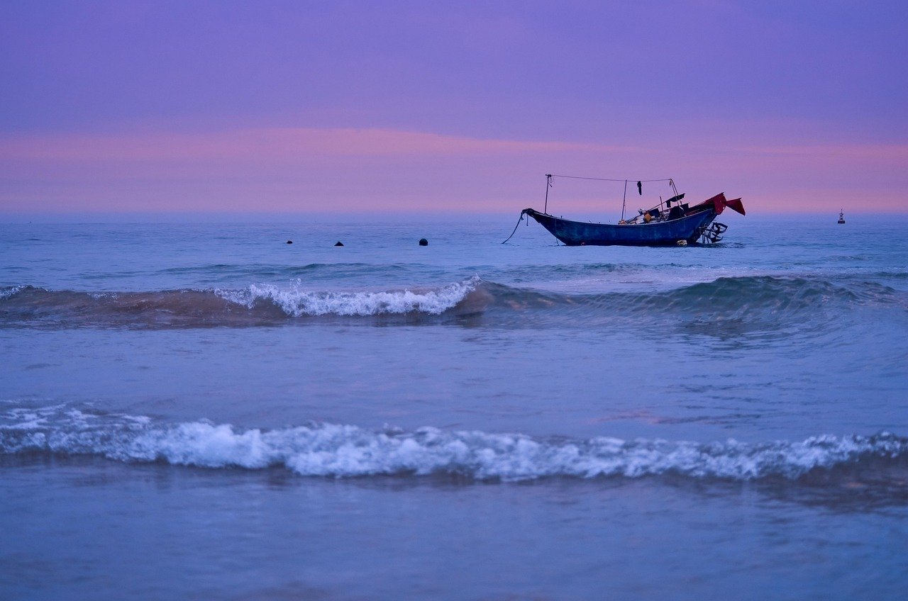 boat, sunset, nature, beach, wave, afterglow, horizon, landscape, sea, marine, twilight, weizhou island