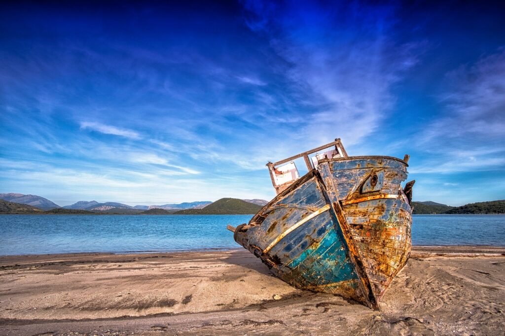 boat, sea, sky, landscape, nature, beach, sand, old, wreckage, stranded, shipwreck, blue nature, blue sky, blue beach, blue l