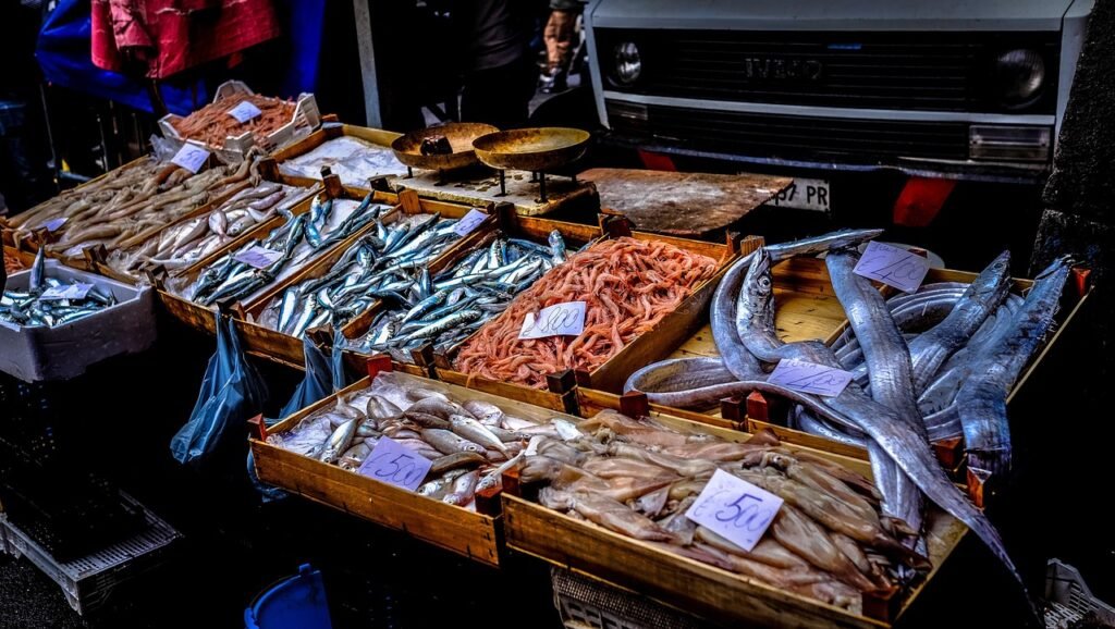 fish, food, market, sale, seafood, stall, street, street market, nature, wet market