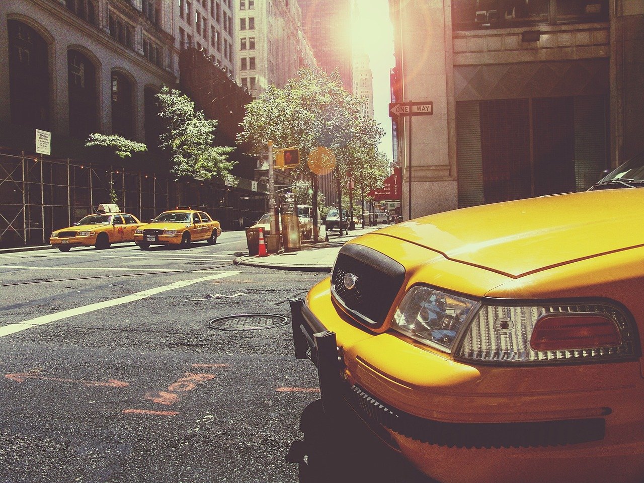taxi, road, traffic, cab, vehicles, yellow taxis, yellow cabs, new york, street, new york streets, new york city, buildings,