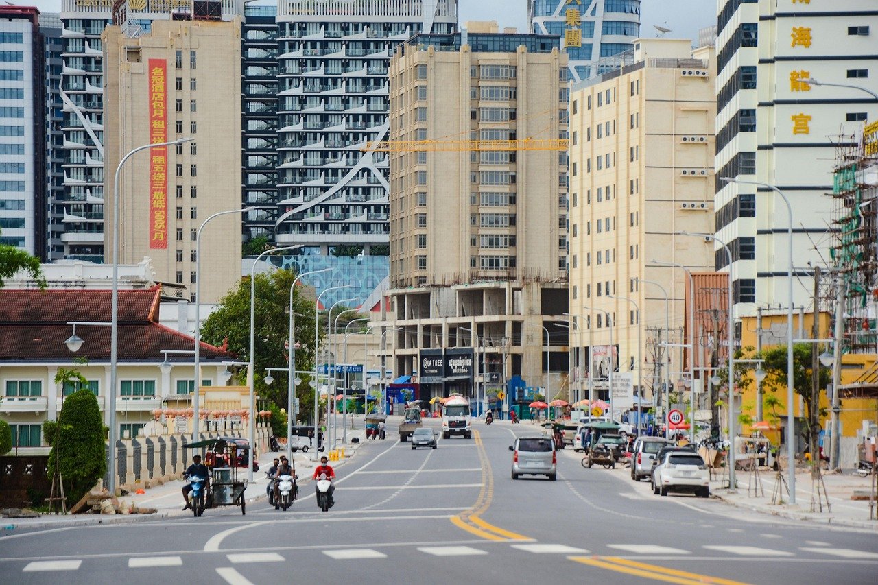 city, road, sihanoukville, skyscrapers, buildings, traffic, vehicles, street, downtown, urban, coastal city, coast, cambodia,