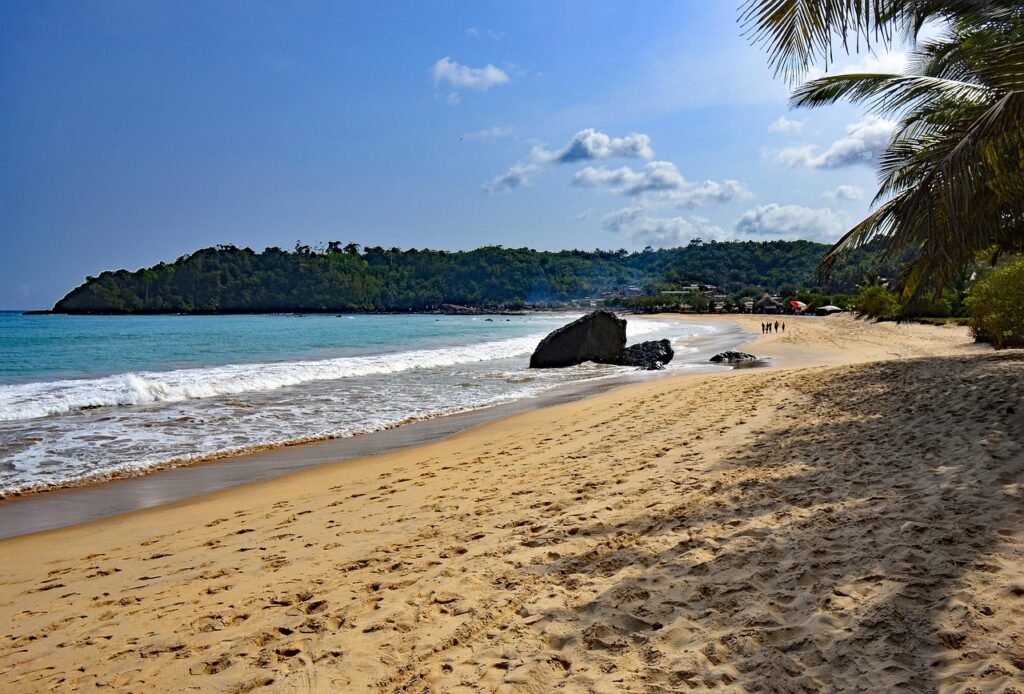 butre, ghana, africa, west africa, beach, water, vacations, sand, palm trees, nature, bay, heaven, clouds