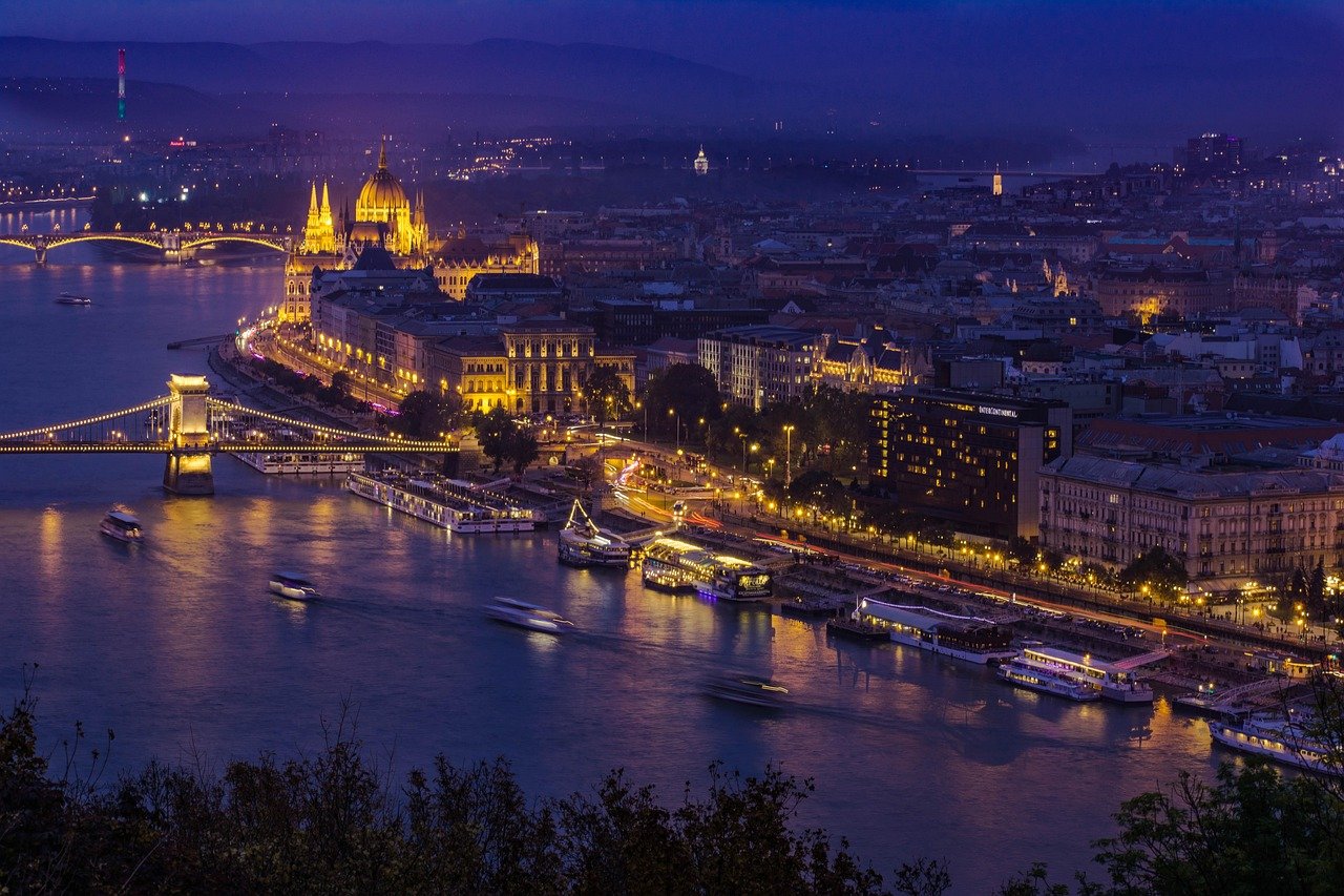 river, budapest, evening, city, night, night lights, city lights, cityscape, nature, architecture, sunset, dusk