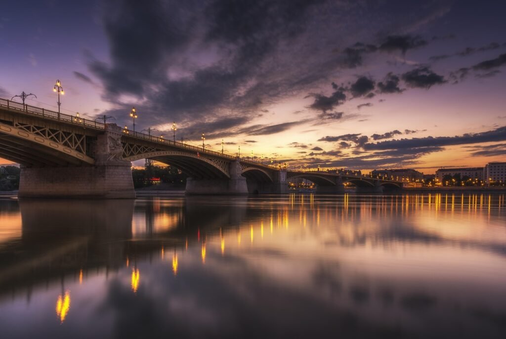architecture, bridge, river, illuminated, long exposure, sunset, city, dawn, dusk, evening, light, nature, outdoors, reflecti