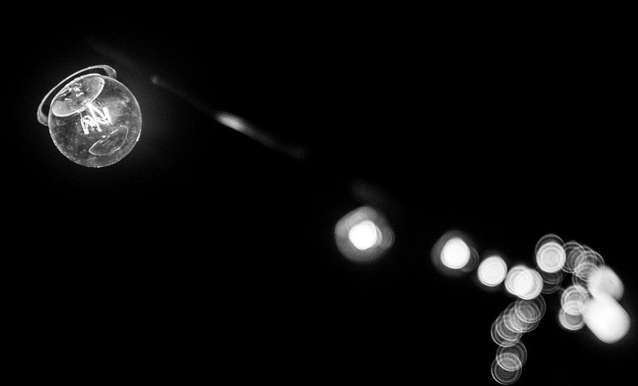 black and white, lamp, dark, light, street, life, night, bokeh, still lifes