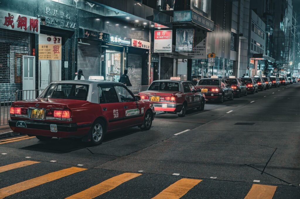 Private taxi waiting on a quiet Ghanaian street in the early evening